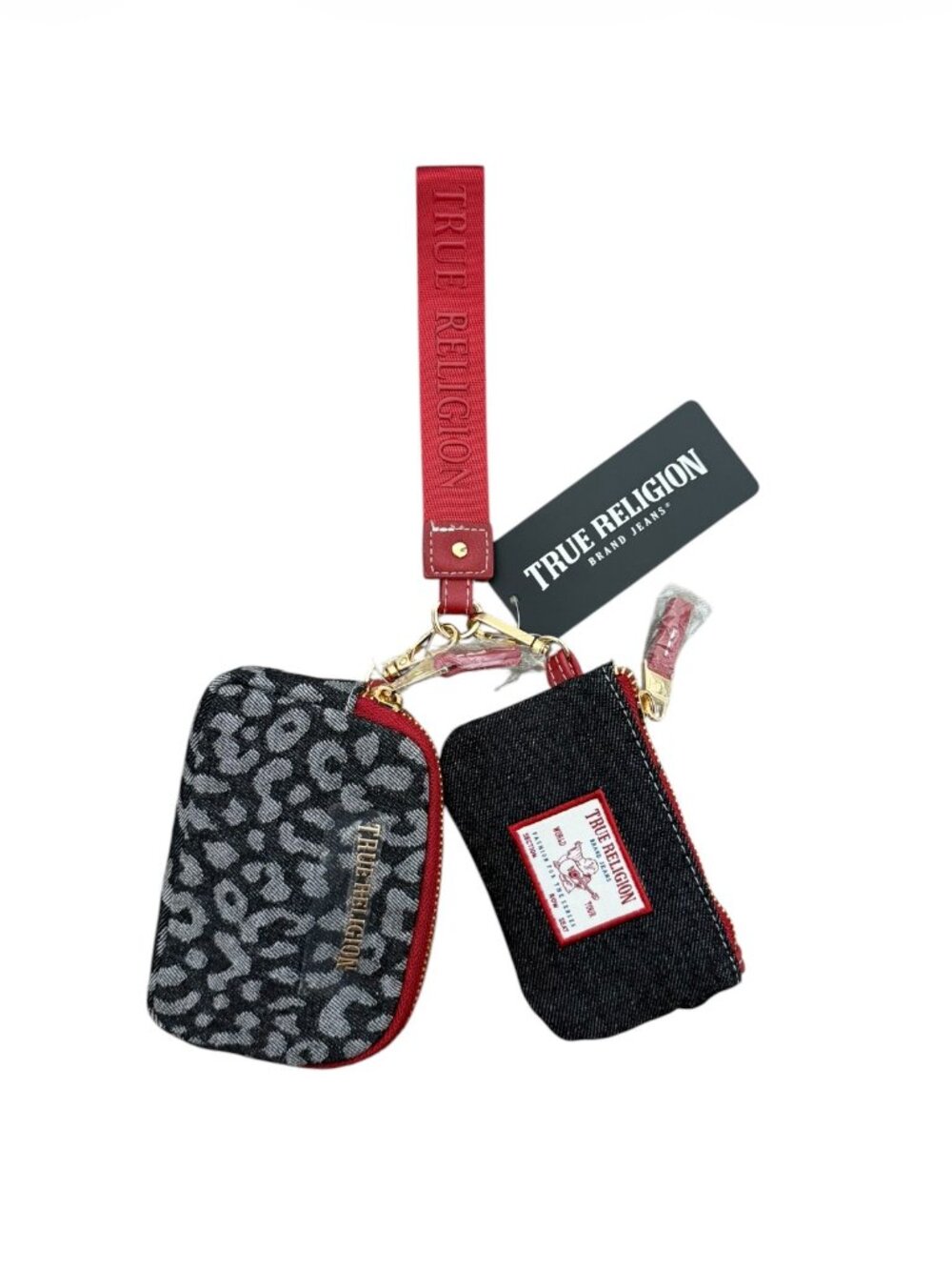 NWT True Religion Wristlet Keychain Card Set Leopard Denim Red